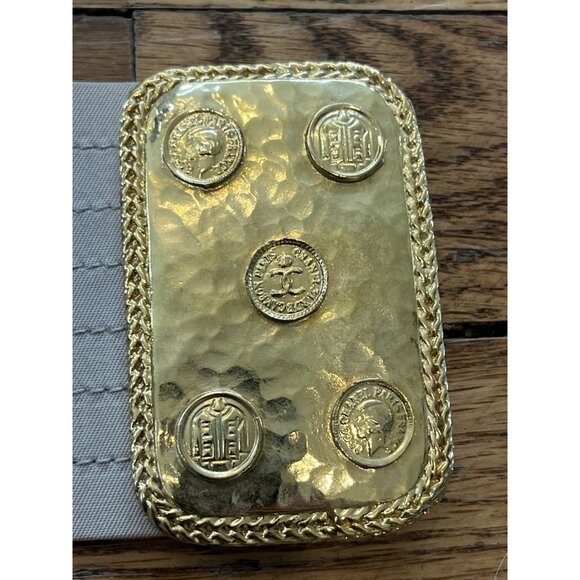 Iconic Vintage Chanel Metallic Gold Rectangle W/ Original Cloth Belt 70s Womens